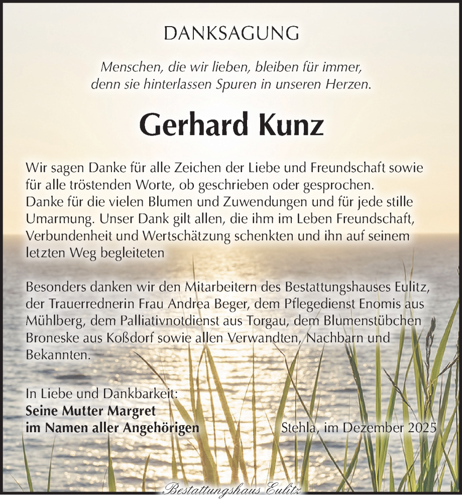  Traueranzeige für Gerhard Kunz vom 07.12.2025 aus Torgauer Zeitung