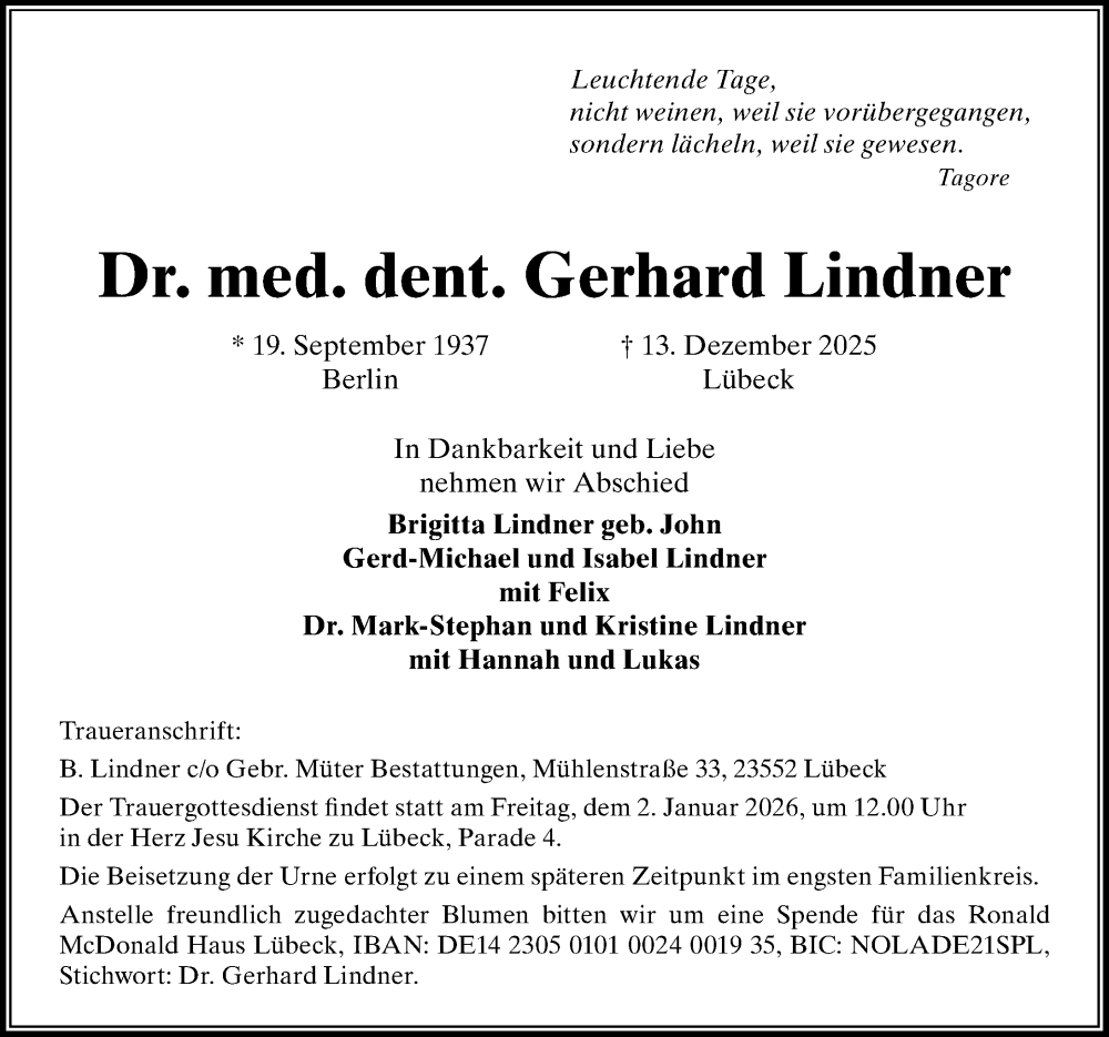  Traueranzeige für Gerhard Lindner vom 21.12.2025 aus Lübecker Nachrichten