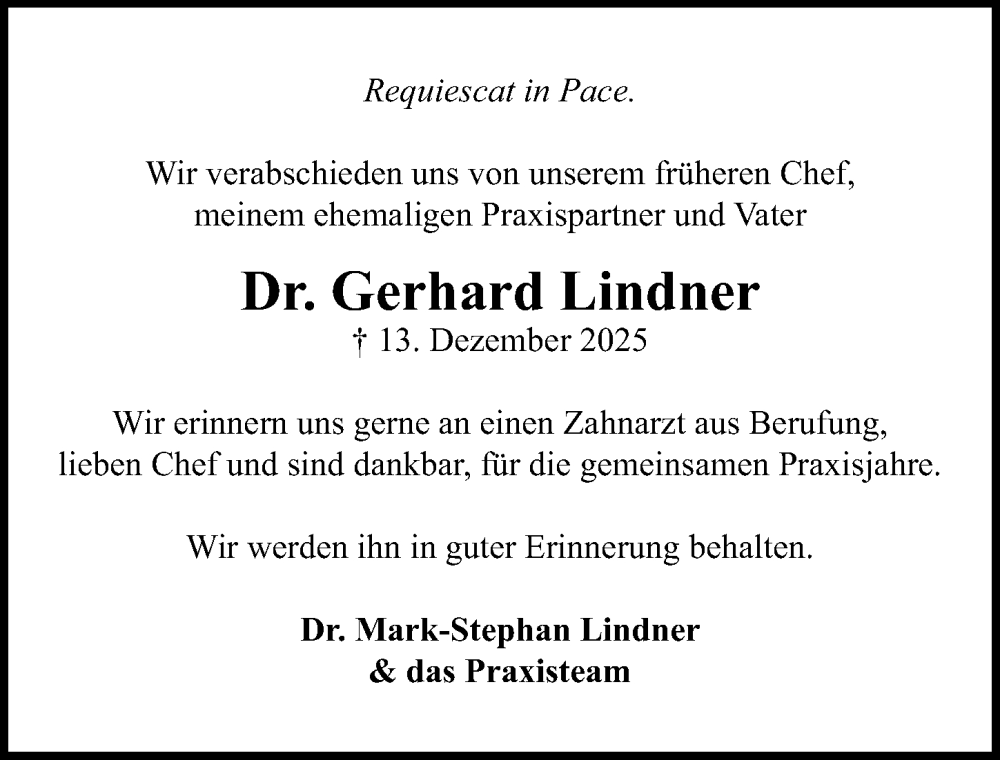  Traueranzeige für Gerhard Lindner vom 21.12.2025 aus Lübecker Nachrichten