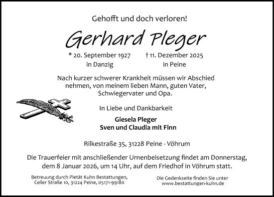 Traueranzeige von Gerhard Pleger von Peiner Allgemeine Zeitung