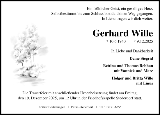 Traueranzeige von Gerhard Wille von Peiner Allgemeine Zeitung