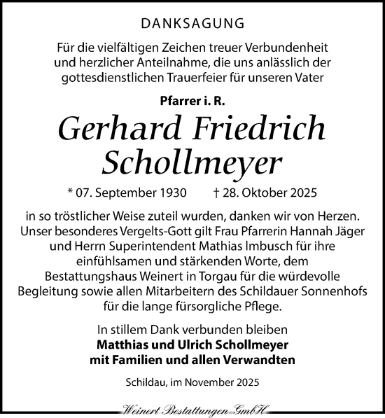 Traueranzeige von Gerhard Friedrich Schollmeyer von Torgauer Zeitung