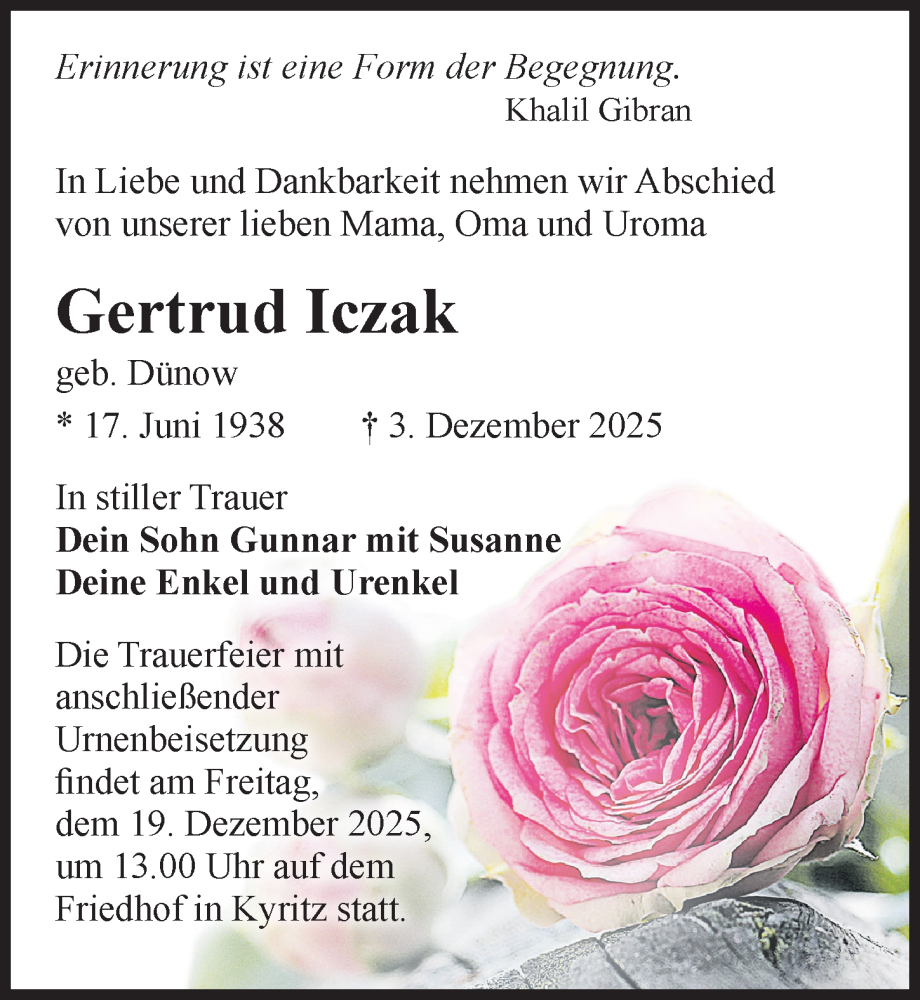  Traueranzeige für Gertrud Iczak vom 13.12.2025 aus Wochenspiegel