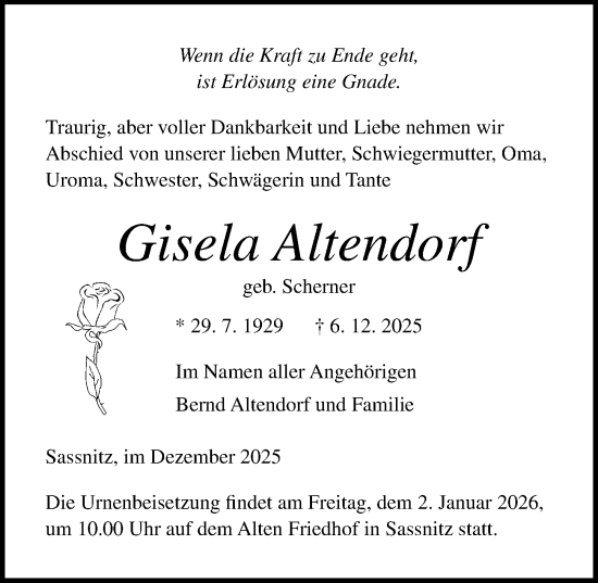 Traueranzeige von Gisela Altendorf von Ostsee-Zeitung GmbH