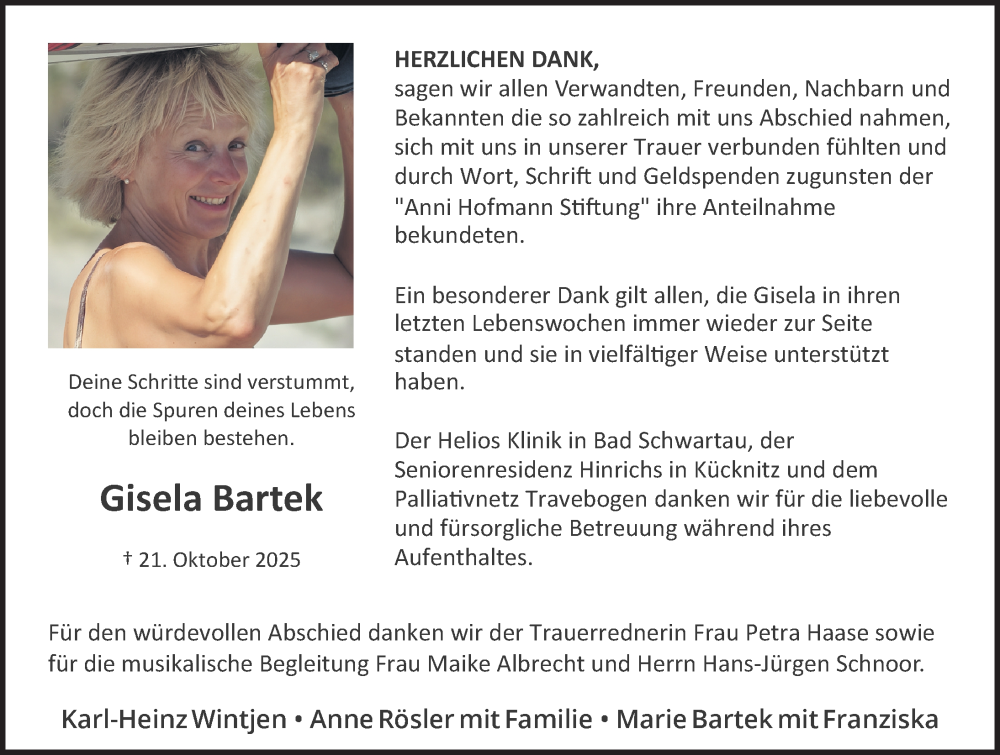  Traueranzeige für Gisela Bartek vom 21.12.2025 aus Lübecker Nachrichten