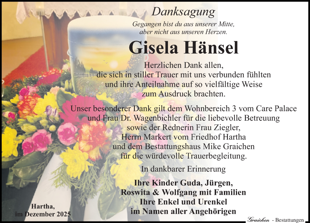  Traueranzeige für Gisela Hänsel vom 06.12.2025 aus Sächsische Zeitung