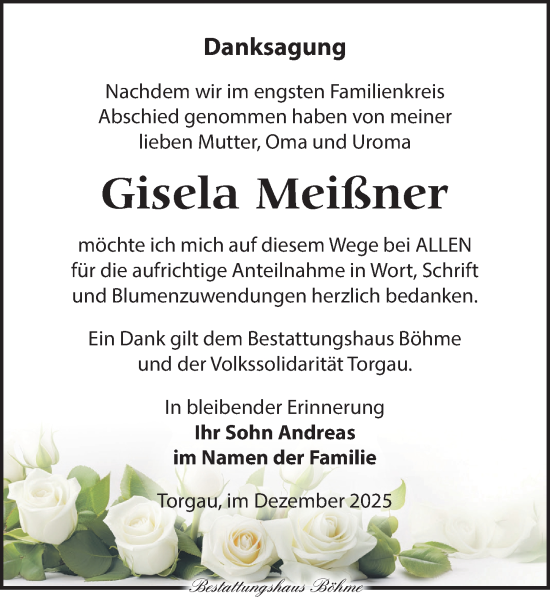 Traueranzeige von Gisela Meißner von Torgauer Zeitung
