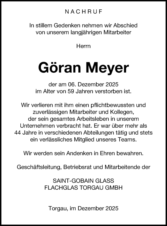 Traueranzeige von Göran Meyer von Torgauer Zeitung