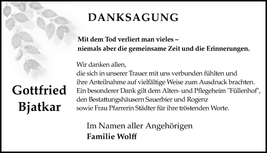 Traueranzeige von Gottfried Bjatkar von Sächsische Zeitung