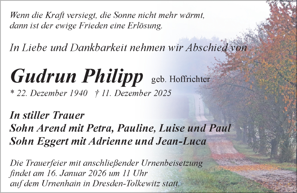  Traueranzeige für Gudrun Philipp vom 20.12.2025 aus Sächsische Zeitung