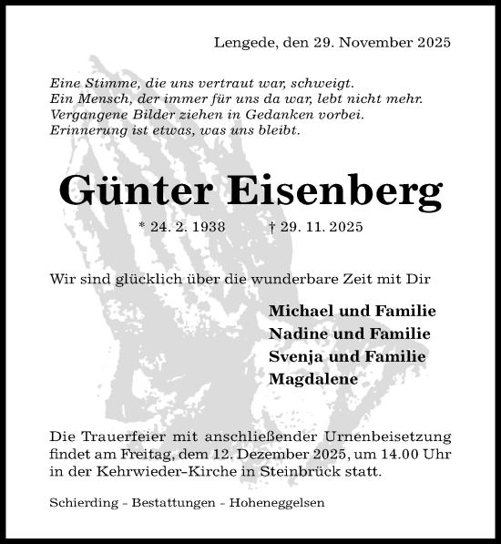 Traueranzeige von Günter Eisenberg von Peiner Allgemeine Zeitung