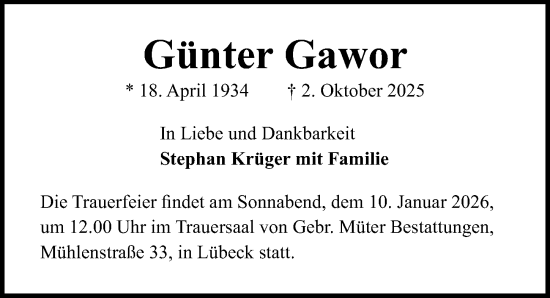Traueranzeige von Günter Gawor von Lübecker Nachrichten