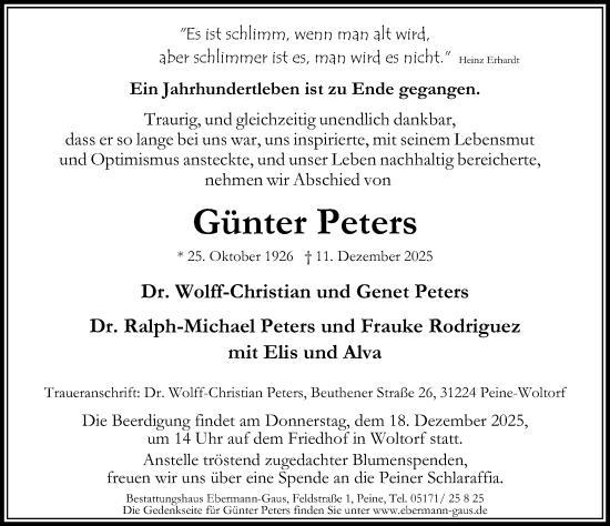 Traueranzeige von Günter Peters von Peiner Allgemeine Zeitung