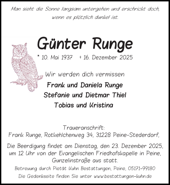 Traueranzeige von Günter Runge von Peiner Allgemeine Zeitung