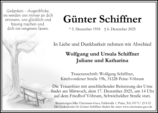 Traueranzeige von Günter Schiffner von Peiner Allgemeine Zeitung