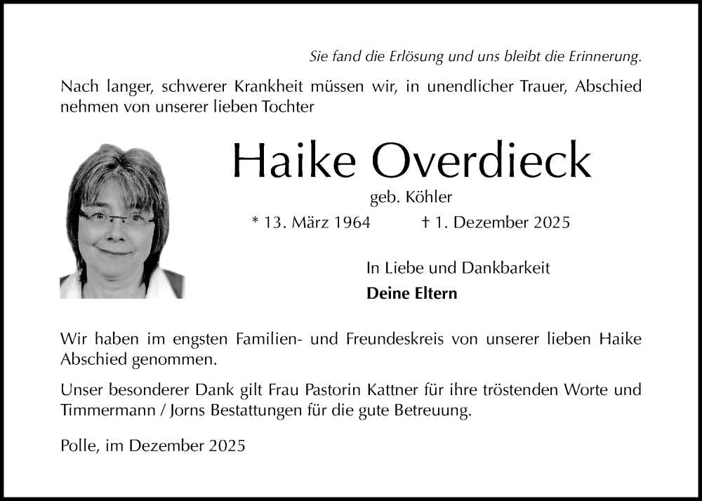  Traueranzeige für Haike Overdieck vom 13.12.2025 aus Täglicher Anzeiger Holzminden