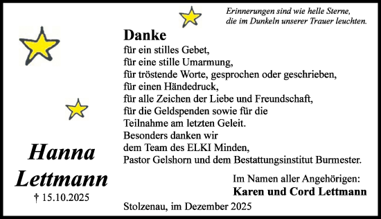 Traueranzeige von Hanna Lettmann von Die Harke