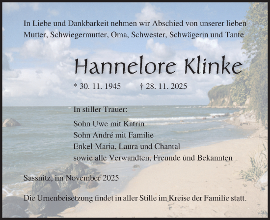 Traueranzeige von Hannelore Klinke von Ostsee-Zeitung GmbH