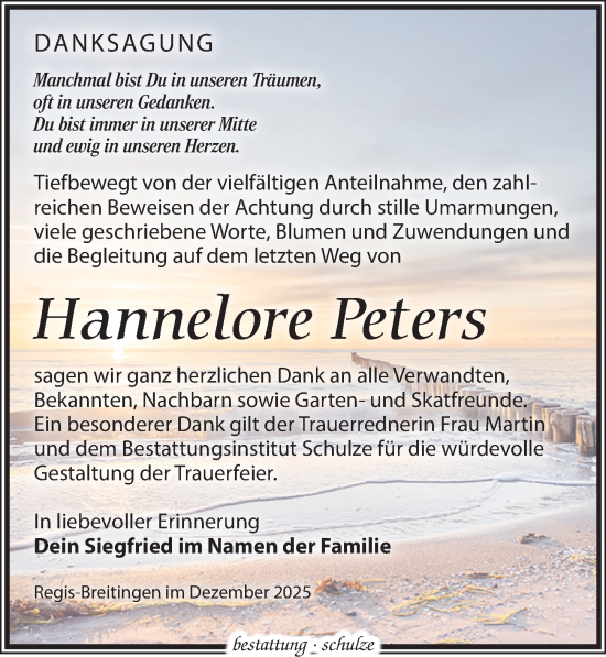 Traueranzeige von Hannelore Peters von Leipziger Volkszeitung