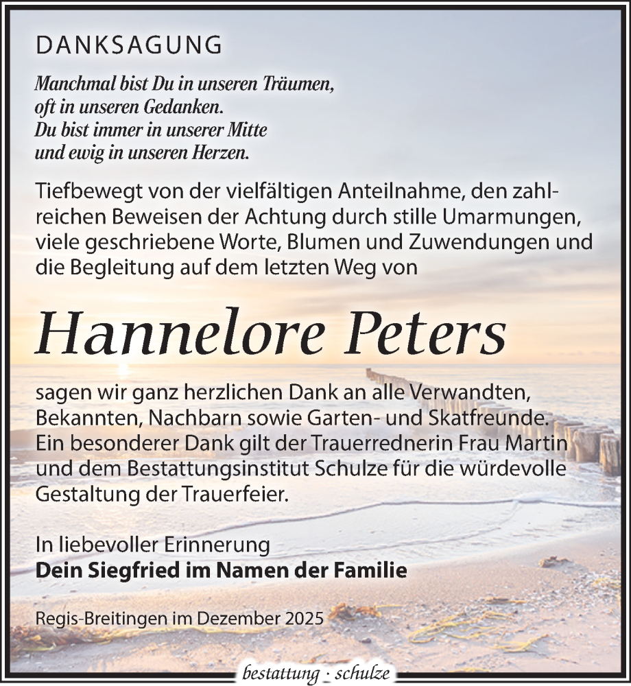  Traueranzeige für Hannelore Peters vom 13.12.2025 aus Leipziger Volkszeitung