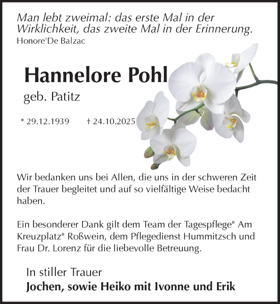 Traueranzeige von Hannelore Pohl von Sächsische Zeitung
