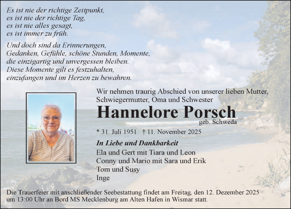  Traueranzeige für Hannelore Porsch vom 06.12.2025 aus Ostsee-Zeitung GmbH