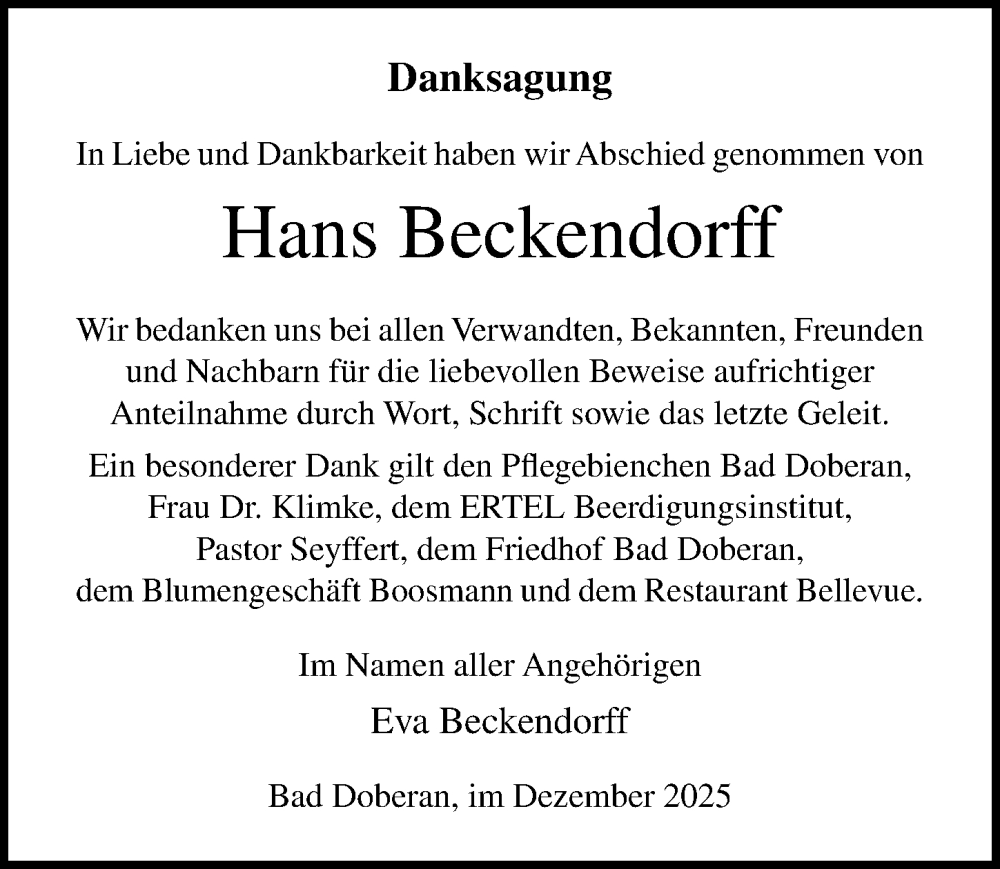  Traueranzeige für Hans Beckendorff vom 06.12.2025 aus Ostsee-Zeitung GmbH