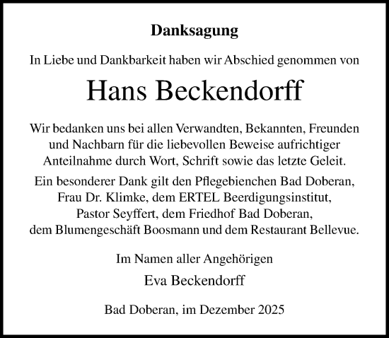 Traueranzeige von Hans Beckendorff von Ostsee-Zeitung GmbH