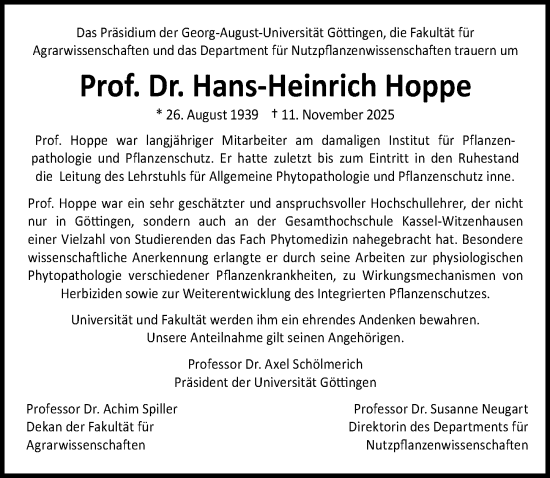 Traueranzeige von Hans-Heinrich Hoppe von Göttinger Tageblatt