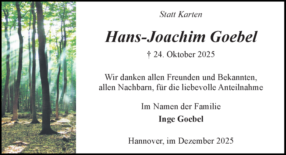  Traueranzeige für Hans-Joachim Goebel vom 06.12.2025 aus Hannoversche Allgemeine Zeitung/Neue Presse