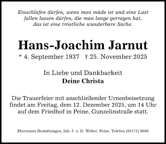 Traueranzeige von Hans-Joachim Jarnut von Peiner Allgemeine Zeitung