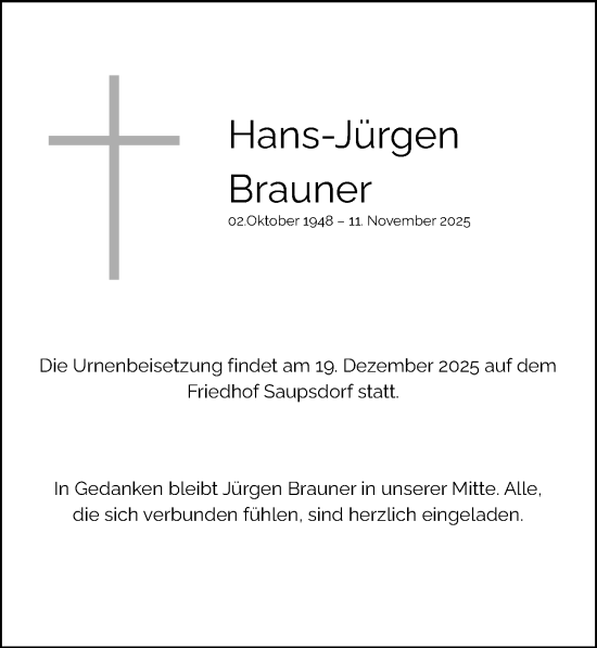 Traueranzeige von Hans-Jürgen Brauner von Sächsische Zeitung