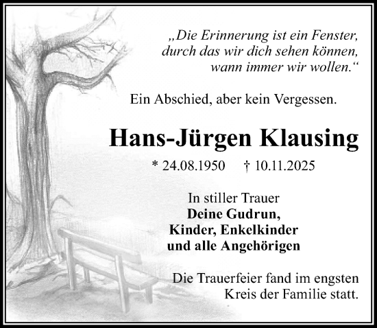 Traueranzeige von Hans-Jürgen Klausing von Wochenspiegel