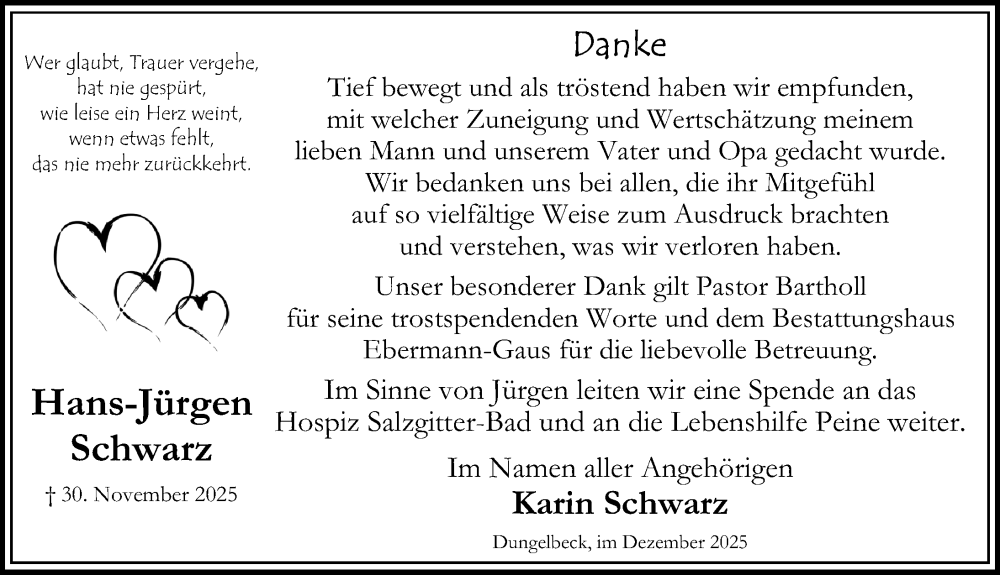  Traueranzeige für Hans-Jürgen Schwarz vom 27.12.2025 aus Peiner Allgemeine Zeitung