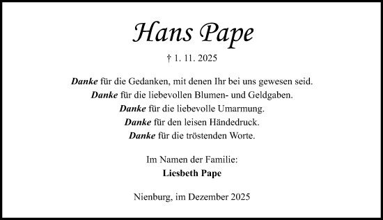 Traueranzeige von Hans Pape von Die Harke