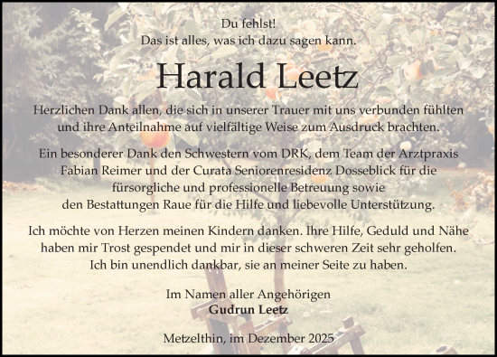 Traueranzeige von Harald Leetz von Wochenspiegel