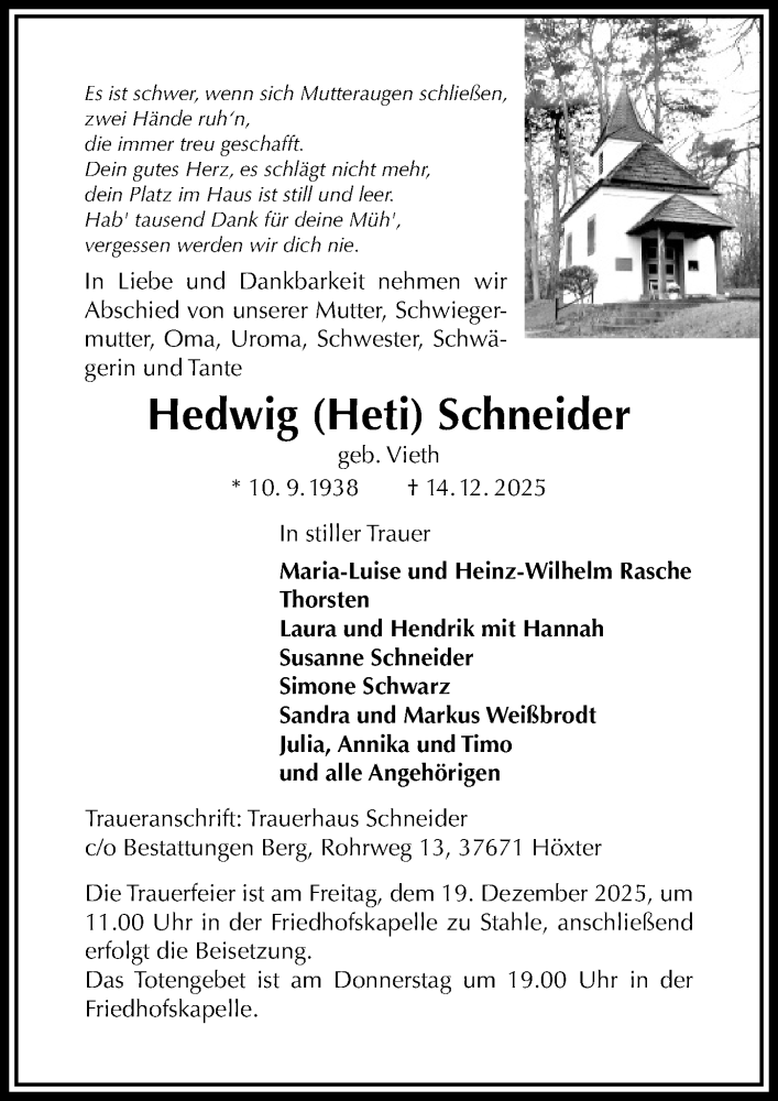  Traueranzeige für Hedwig Schneider vom 17.12.2025 aus Täglicher Anzeiger Holzminden