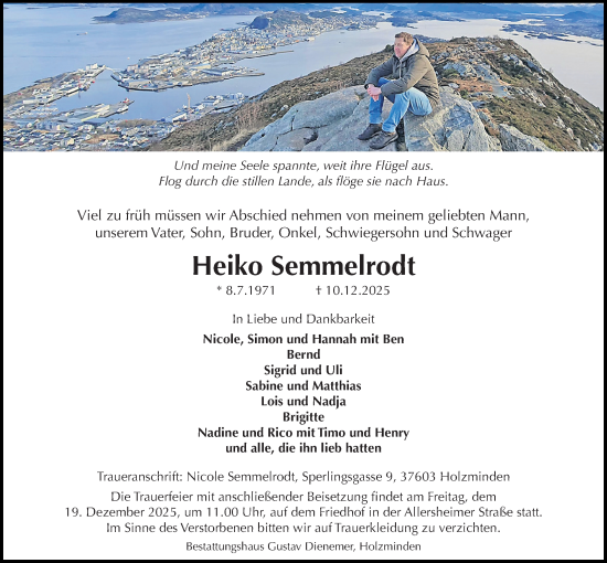 Traueranzeige von Heiko Semmelrodt von Täglicher Anzeiger Holzminden