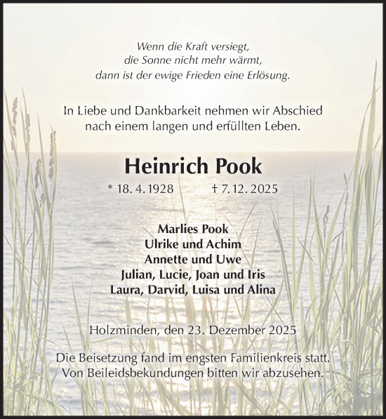 Traueranzeige von Heinrich Pook von Täglicher Anzeiger Holzminden