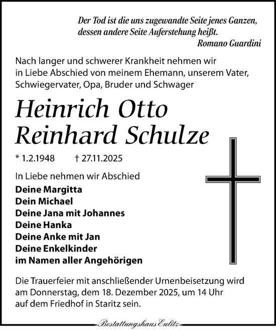 Traueranzeige von Heinrich Otto Reinhard Schulze von Torgauer Zeitung