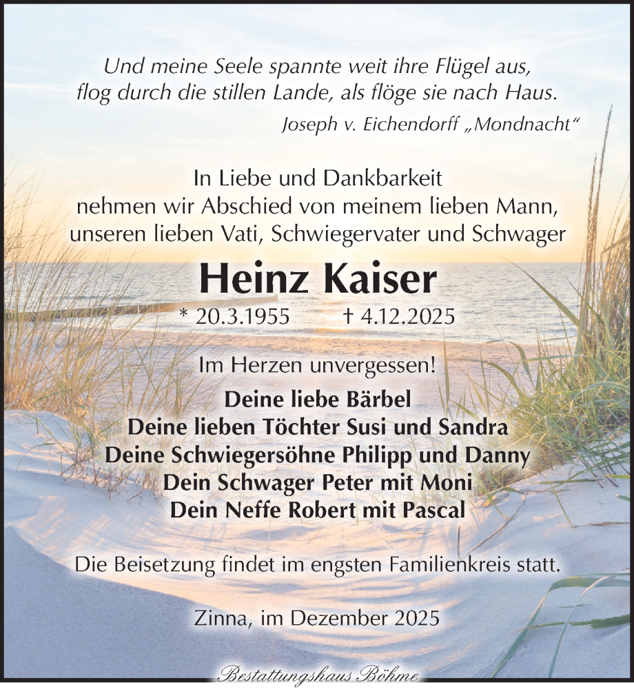  Traueranzeige für Heinz Kaiser vom 28.12.2025 aus Torgauer Zeitung