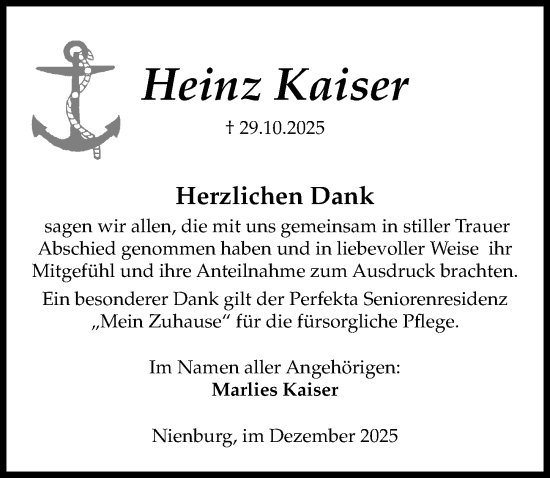 Traueranzeige von Heinz Kaiser von Die Harke