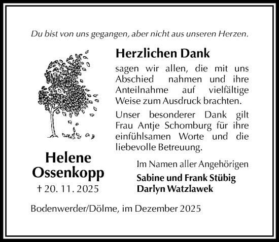 Traueranzeige von Helene Ossenkopp von Täglicher Anzeiger Holzminden