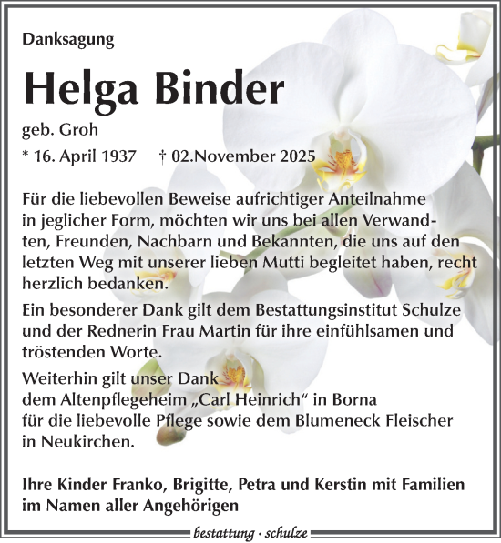 Traueranzeige von Helga Binder von Leipziger Volkszeitung