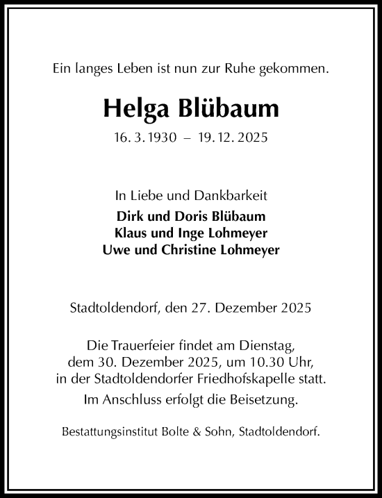 Traueranzeige von Helga Blübaum von Täglicher Anzeiger Holzminden