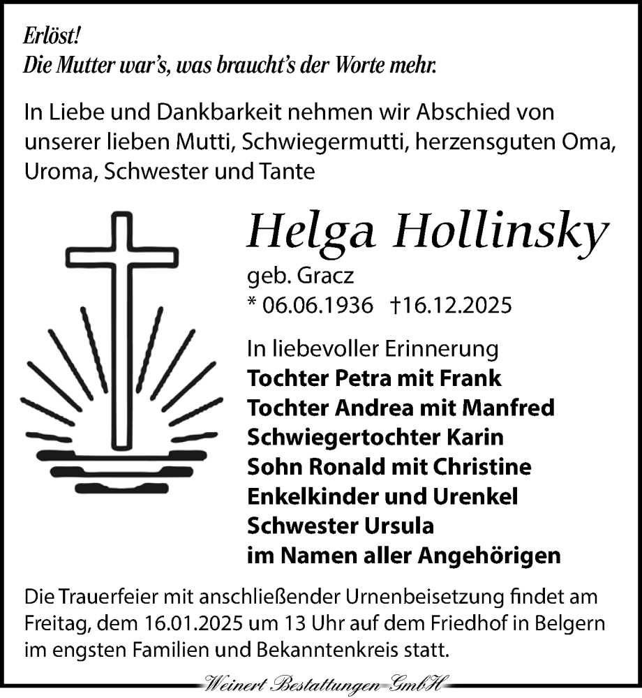  Traueranzeige für Helga Hollinsky vom 28.12.2025 aus Torgauer Zeitung