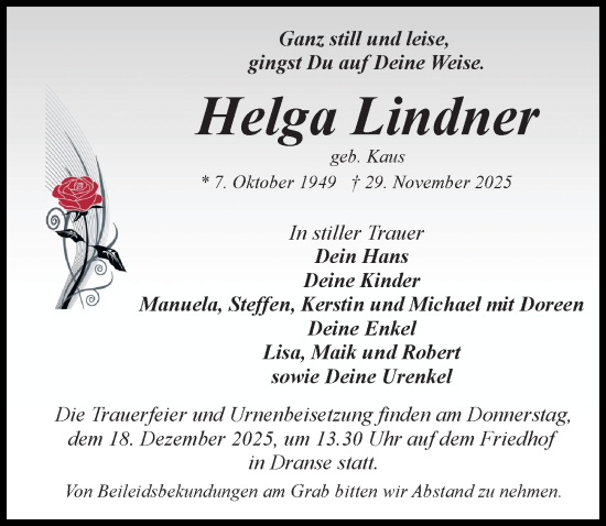 Traueranzeige von Helga Lindner von Wochenspiegel