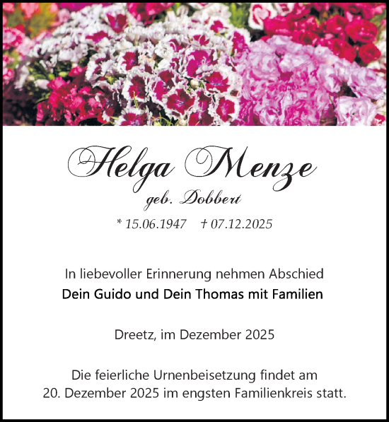 Traueranzeige von Helga Menze von Wochenspiegel