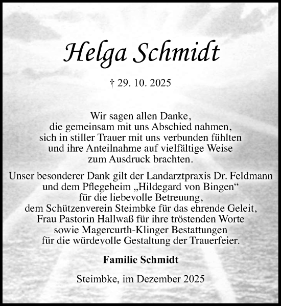 Traueranzeige von Helga Schmidt von Die Harke