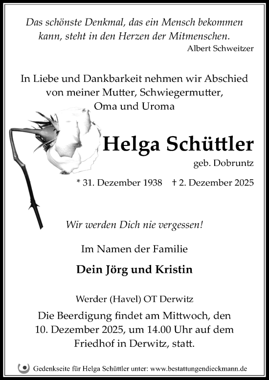 Traueranzeige von Helga Schüttler von Märkischen Allgemeine Zeitung